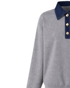 Custom Grey Knit Sweater With Blue Denim Collar Women Casual Winter Pullover <b>Long</b> Sleeve Warm Fashion Top For Wholesale Buyers - Product Image 4