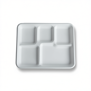 Plateau repas jetable à 5 compartiments, rectangulaire, en papier blanc, compatible micro-ondes, en bagasse naturelle - Product Image 2