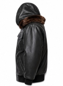 MEN'S BLACK LEATHER BOMBOR <b>JACKET</b> WITH FAUX <b>FUR</b> <b>HOOD</b> ZIPPER CLOSURE - Product Image 5