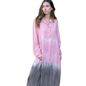 Vente chaude Nouvelle Arrivée Longue Maxi Robes Femmes Tie Dye À Manches Longues Col En V Mode Robe Coton Midi Longueur Bouton Sexy Filles - Product Image 1