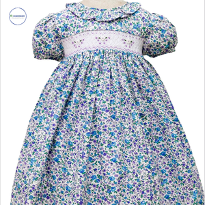 Hermoso vestido azul floral Smocked Liberty Vestido de algodón-Ropa de calidad para niñas, vestidos para niñas, ropa para niños - Product Image 1