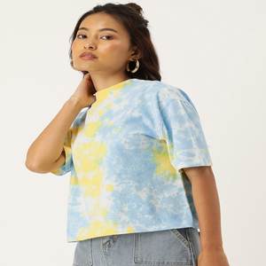 Tie Dye Boxy Tshirt Goutte Épaule Manches Respirant Regular Fit Longueur pour Casual Summer Wear Made Spandex Imprimer Sans Col - Product Image 1