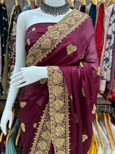 Exquisite Handcrafted Embroidery <b>Saree</b> Original Zarkhand Diamonds Satin Silk for Adults - Product Image 3