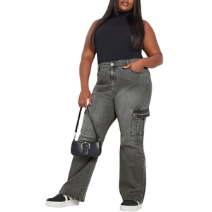 Jeans cargo en denim pour femmes grandes tailles, taille haute, multi-poches, doux, extensible, confortable, élégant, pantalon en denim pour femmes - Product Image 1