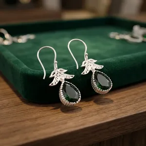 Women’s 925 <b>Sterling</b> <b>Silver</b> Bohemian Drop <b>Earrings</b> Geometric Pattern Green Tourmaline Bezel Set Handmade <b>Dangle</b> <b>Earrings</b> - Product Image 3