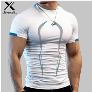 เสื้อยืดกีฬาแขนสั้นทรงสลิมฟิตสำหรับผู้ชาย ElevateX International ลายพิมพ์เรขาคณิต แห้งเร็ว คอกลม ผ้าถักโพลีเอสเตอร์ สีน้ำเงินเขียว - Product Image 3
