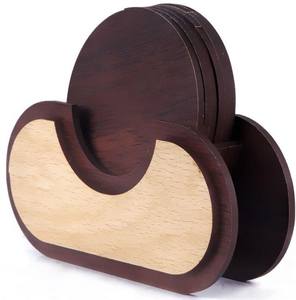 New <b>Polished</b> Walnut Wood Coaster Set with Holder Reusable Drink Mats Elegant Home Decor - Product Image 5