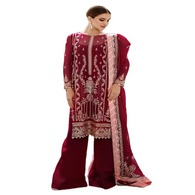 Pakaian pesta Shalwar kameez cocok untuk wanita di kain sifon kualitas tinggi dengan gaun bernapas bordir sangat halus