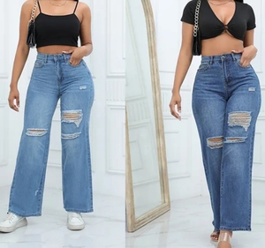 Pantalones vaqueros rectos informales de algodón 100% para mujer, pantalones de lavado rasgados a la moda con efecto mono, bigote, logotipo frontal de mezclilla transpirable - Product Image 2