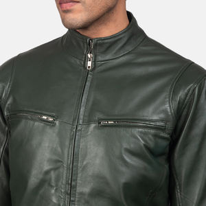 Chaqueta de Lona y Cuero Genuino de Alta Calidad para Hombre, Cuello Alto, Estilo Urbano, Color Sólido, con Doble Cremallera Frontal y Logotipo - Product Image 6