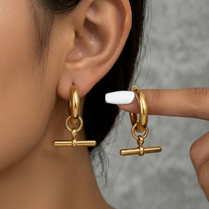 Jeulia Geometric Princess Cut Rhodium Plated T-Bar Hoop Pendant Earrings - Product Image 5