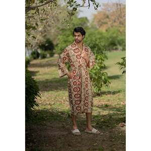 Pure Cotton Boho <b>Men's</b> Kimono Robe Geometric Luxury Dressing Gown Summer Unisex <b>Onesie</b> Bathrobe Relax Fit Beach Fleece - Product Image 3