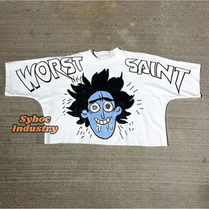 เสื้อยืดพิมพ์สกรีนสำหรับผู้ชายน้ำหนักมากผ้าฝ้าย GSM 280มีสไตล์ออกแบบลายกะโหลกโอเวอร์ไซส์เสื้อครอปทรงพอดีตัวผู้ชาย - Product Image 2