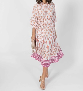 Vestidos Midi de Talla Grande para Mujer con Estampado Artesanal, Cuello Alto con Volantes, Manga Raglán con Puño Elástico - Product Image 6