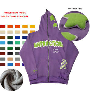 Logo 3D en mousse à fermeture éclair complète Y2K pour hommes tissu polaire tricoté à capuche motif solide - Product Image 1