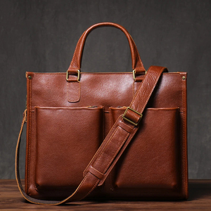 MORGANS INDUSTRIES Classic Genuine Leather Laptop Briefcase with Shoulder Strap Durable Work Bag Zipper Closure Waterproof Brown - Product Image 1