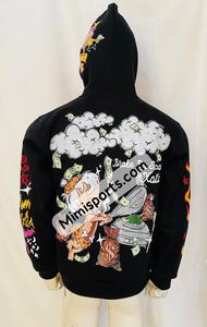 Trending <b>Hoodies</b> <b>Men's</b> Black With <b>Pink</b> and Green Yellow Brush Dots Printed Raw Hem Edge Cut Bottom Big Distressed Acid Washed - Product Image 5