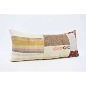 Multicolor Kilim Patchwork Wool <b>Pillow</b> 16x36 Inch Decorative Accent Cushion with Vintage Fluffy Leaves Pattern Woven Technique - Product Image 3