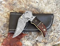 Couteau pliant à lame coulissante en acier Damas forgé à la main, lame droite, étui en cuir, qualité industrielle OEM, garantie de 3 ans