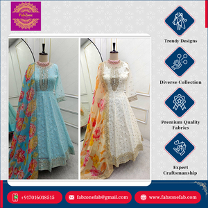 Soie organza Tebby pure entièrement cousue avec broderie lourde Séquence de 5mm Ensemble Anarkali Gwon Pent et Dupatta pour tenue de fête - Product Image 2