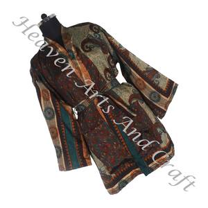 KS012 Kimono bohemio de seda Vintage Sari corto bohemio gitano reciclado Sari seda Vintage Sari Kimono batas cortas vestido de mujer ropa de dormir - Product Image 3