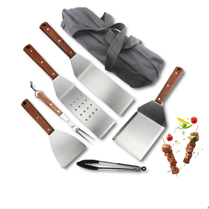 Ensemble de 8 ustensiles de barbecue en acier inoxydable avec logo personnalisé, accessoires métalliques d'extérieur, manche en bois, lave-ustensiles sûr pour le camping, boîte de rangement - Product Image 1