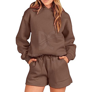 2023 nouveauté Logo personnalisé femmes hiver deux pièces ensemble haute qualité à capuche genou longueur Shorts solide tissu motif décontracté - Product Image 3