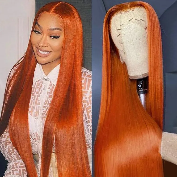 Wholesale Brazilian Raw Straight Hair Colored Lace Front Wig Pre Plucked Ginger Orange Hd Lace Human Hair Wigs With Baby Hair