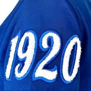 Zeta 1920 manga Chenille Tee azul con letras blancas Sorority Apparel algodón Collegiate Greek Life mujeres camisa bordada - Product Image 3