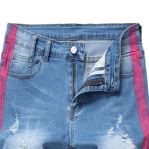 Pantalones Cortos de Mezclilla Casuales para Hombre, Color Azul Claro, Desgastados, con Franja Lateral Rosa Brillante, Cintura Alta, Cierre de Botones, Transpirables - Product Image 6