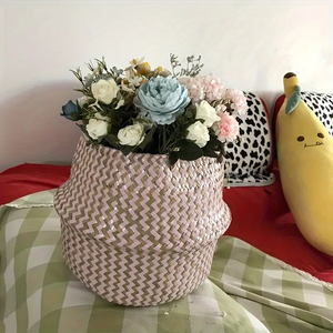 Cesta tejida de hierba Rosa hecha a mano Tienphong, cesta de flores plegable tejida de algas marinas, cesta de almacenamiento de ropa sucia organización del hogar - Product Image 3