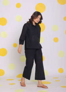 Solid Linen Western Pattern Co-ord Set Black Size 6XL Button Decoration 2 <b>Pockets</b> Natural Waistline <b>Belt</b> Fitted Eco-Friendly - Product Image 3