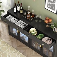Aparador Moderno Negro Ajustable de Madera de Roble con Luces LED, Puertas de Cristal, Almacenamiento para Cocina, Barra de Café y Cajones