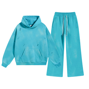 Alta calidad de moda Vintage desgastado lavado ácido 360GSM polar algodón atlético de gran tamaño sudaderas con capucha y pantalones de chándal conjunto de mallas - Product Image 5