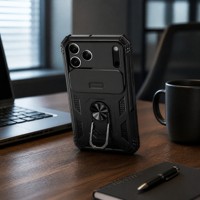 Étui robuste avec anneau magnétique et béquille pour iPhone 17 Pro Max, 17 Pro, 17 Air, antichoc, avec cache-caméra coulissant et pare-chocs en PC renforcé