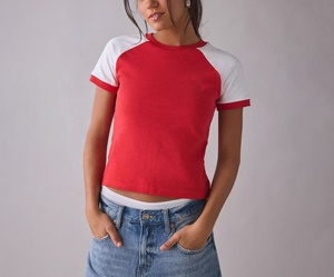 American Retro Spicy Girl Raglan Sleeves Color Blocked Short Sleeves Crop <b>Top</b> Baby Tee Women's T-shirt Short Sleeves Crop <b>Top</b> - Product Image 2