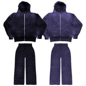 Nouveaux hommes à capuche grande taille hiver fermeture éclair en détresse lavage à l'acide deux pièces survêtement ensemble Jogging costume avec strass - Product Image 2