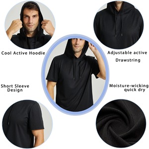 Mens Workout Hooded Shirts Short Sleeve Muscle Fit Gym Running T-Shirts Sweatshirt Hooded - Product Image 5