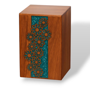 Urne funéraire en bois gravée florale incrustation de marguerites sarcelle urnes funéraires personnalisées pour cendres humaines - Product Image 1