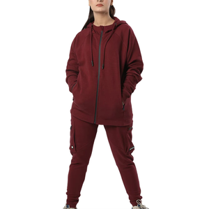 Ensemble de jogging uni en coton épais deux pièces pour femmes Ensemble de sweats à capuche zippés pour femmes - Product Image 1