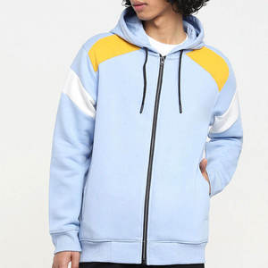 Custom High Quality <b>Men's</b> Light Blue Hooded Zip-Up <b>Sweatshirt</b> With Yellow <b>White</b> Color Blocking Raglan Sleeve Casual Winter Wear - Product Image 1