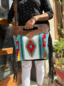 Bolso de hombro de cuero con flecos de tela azteca auténtica hecho a mano bohemio bolso de compras oculto de cuero genuino superventas - Product Image 4