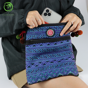 Hand-embroidered Brocade Retro Eco-Friendly Women Zipper Old Brocade Square Passport Holder With Ball-bunch <b>Wristlet</b> - Product Image 4