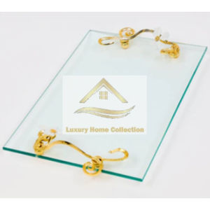 Marco de metal chapado en plata y bandeja de vidrio de espejo con bandeja de manijas de latón de forma dura de diseñador chapado en oro elegante para Decoración - Product Image 4