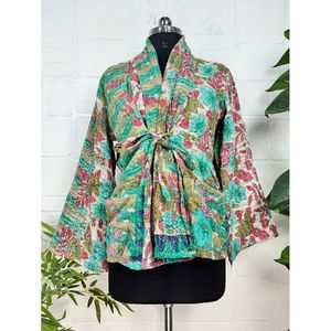 Handstitched Boho Chic <b>Vintage</b> Kantha Stitch Dori Jacket One-of-a-Kind Reversible Short <b>Coat</b> with <b>Stand</b> Collar Woven Fabric - Product Image 2