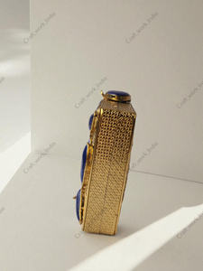 Lapis Lazuli Natural Gemstone Panelled Box <b>Bag</b> With Gold Textured Metal Frame Handcrafted <b>Womens</b> Statement Carry <b>Accessory</b> gift - Product Image 4