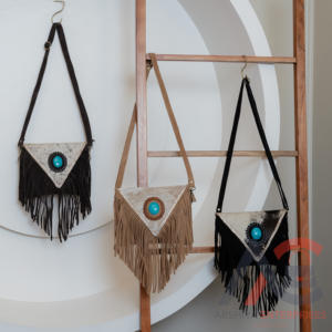 Real Handmade <b>Suede</b> Leather Cowhide Fur With Turquoise Stone <b>Fringe</b> Sling <b>Bag</b> // Crossbody <b>Bag</b> - Product Image 3