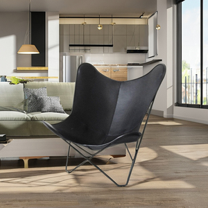 Chaise papillon élégante en cuir véritable noir pour meubles de salon à la maison - Product Image 3