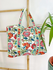 กระเป๋าผ้าฝ้ายขนาดใหญ่ลายดอกไม้สีขาวแดงมีซิปสำหรับผู้หญิงเหมาะสำหรับซื้อของชำอย่างยั่งยืนงานแฮนด์เมด - Product Image 2