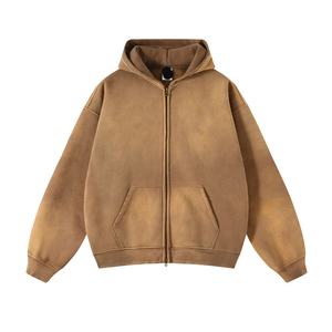 Nouveautés Sweat zippé Poids lourd Oversize Crop Boxy Double fermeture éclair Soleil Délavé Vintage Stone Acid Wash Hoodie Hommes - Product Image 2